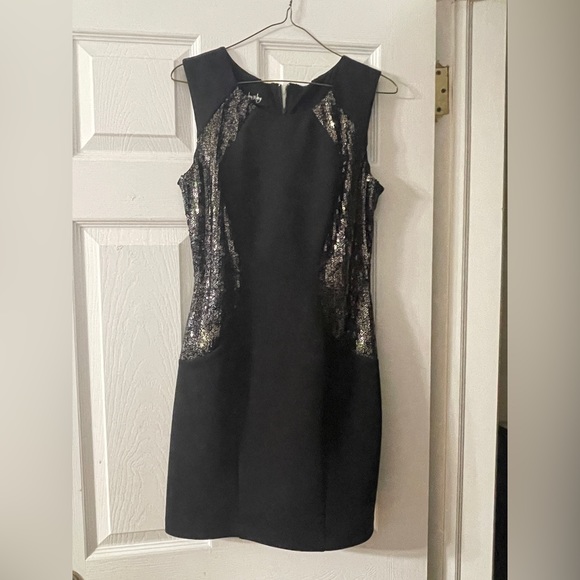 Black Bodycon Sleeveless Party Dinner Dress with Black and Gold Sequins - Picture 3 of 3